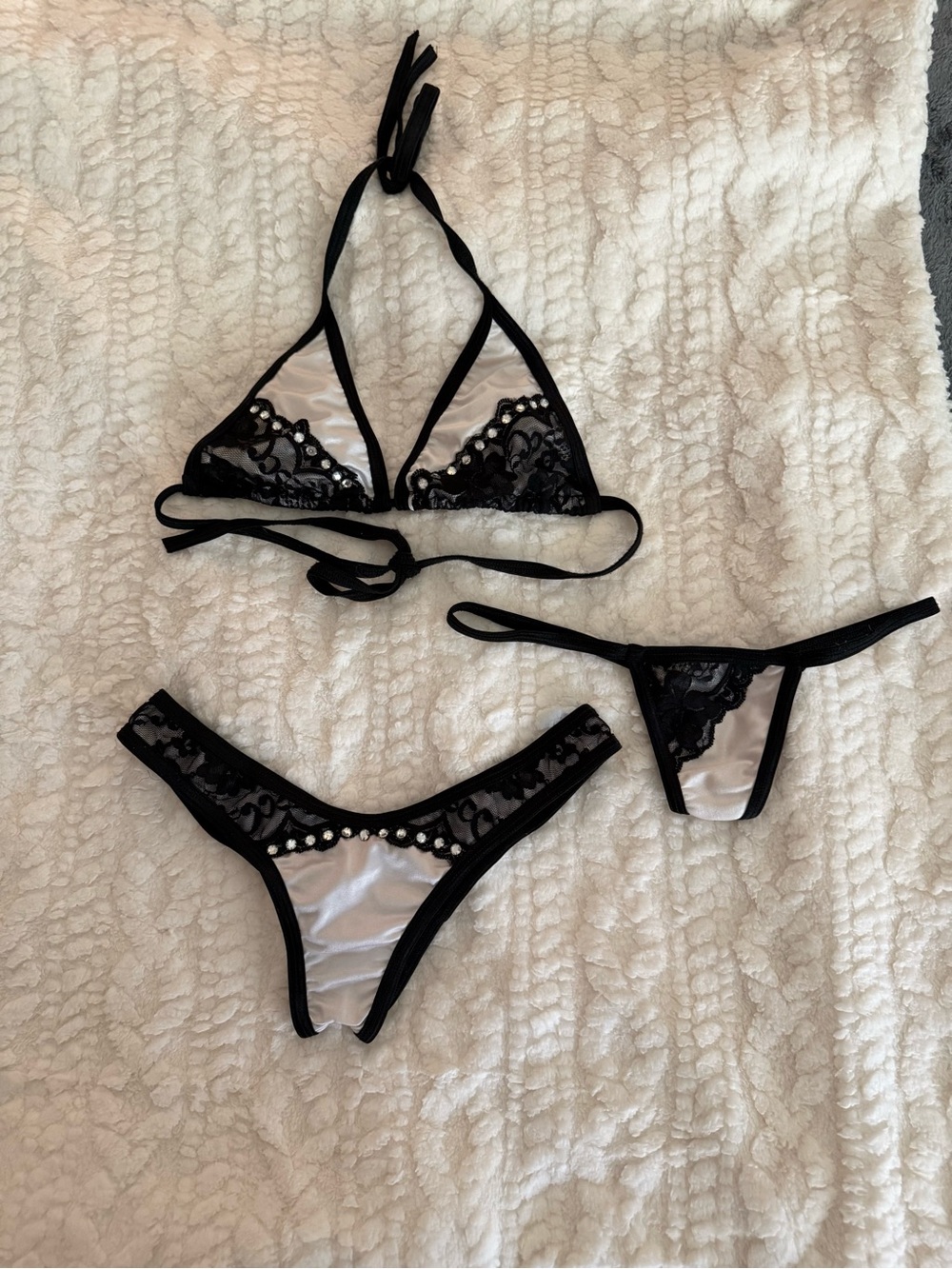 Black-Trim White Lace Bikini Set - Women Swim